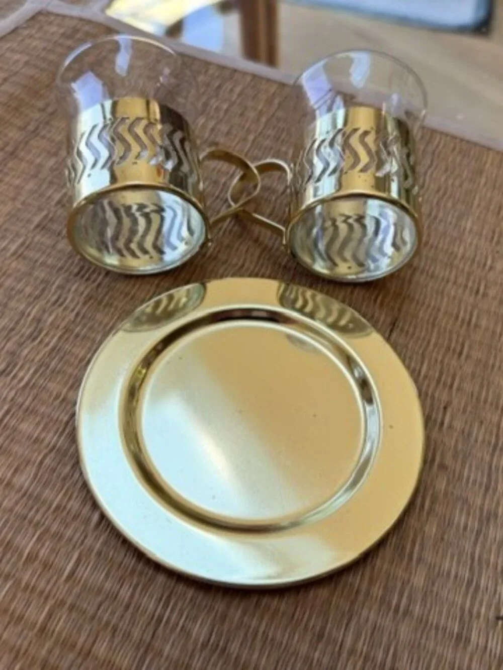 Lot of 2 Vintage Glass Espresso Cup Metal Glasses Gold Coffee with Plate